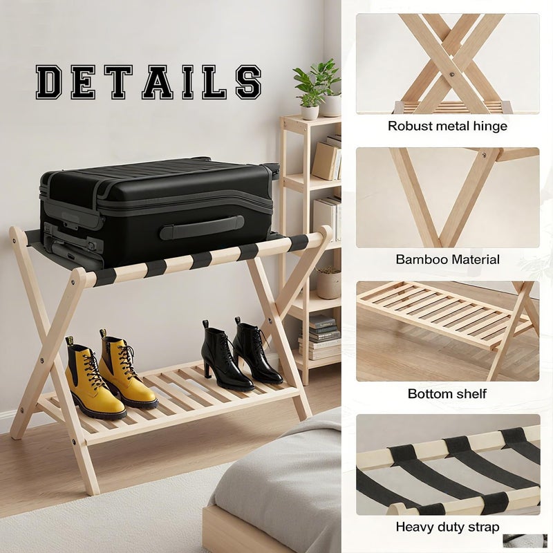GAOHAPY Bamboo Luggage Rack with Shoe Shelf Folding Suitcase Stand with 5 Heavy-Duty Straps for Guest Room Living Room Hotel Ideal Luggage Holder for Suitcases Bags Shoes,Nature - Image 2